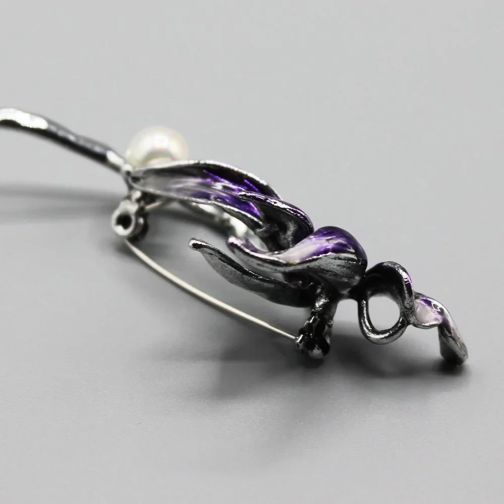 Lotus flower purple pin brooch jewelry fashion white pearl beautiful elegant - Picture 8 of 11